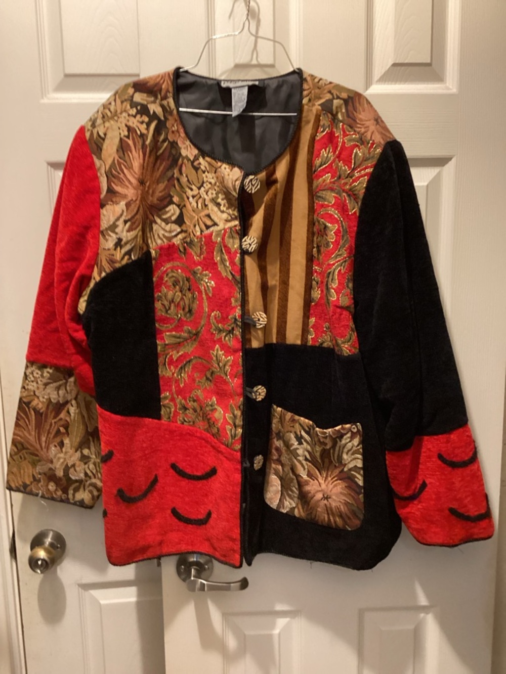 Indigo Patchwork Floral & Velvet Jean Jacket in Red, Black, Brown